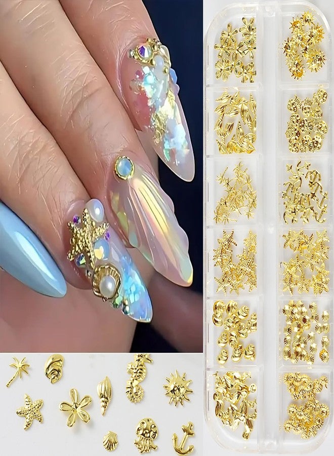 CJDLTS Gold Ocean Style Nail Accessories Golden Metal Starfish Shell Seahorse Jellyfish Nail Art Glitter Sequins 3D Gold Nails Supplies Jewelry Studs Nail Decoration Kit Suitable for Women Acrylivc Nail - Image 2